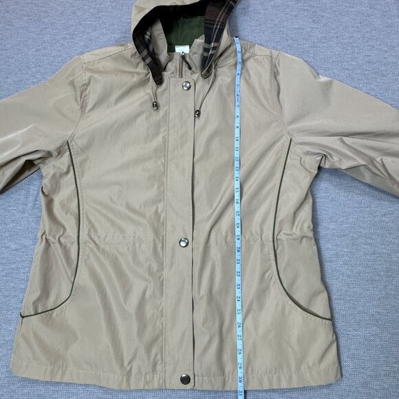 Blair Womens Hooded Jacket Khaki Removeable Plaid Liner Snap Zip Pockets Size L - Picture 12 of 16